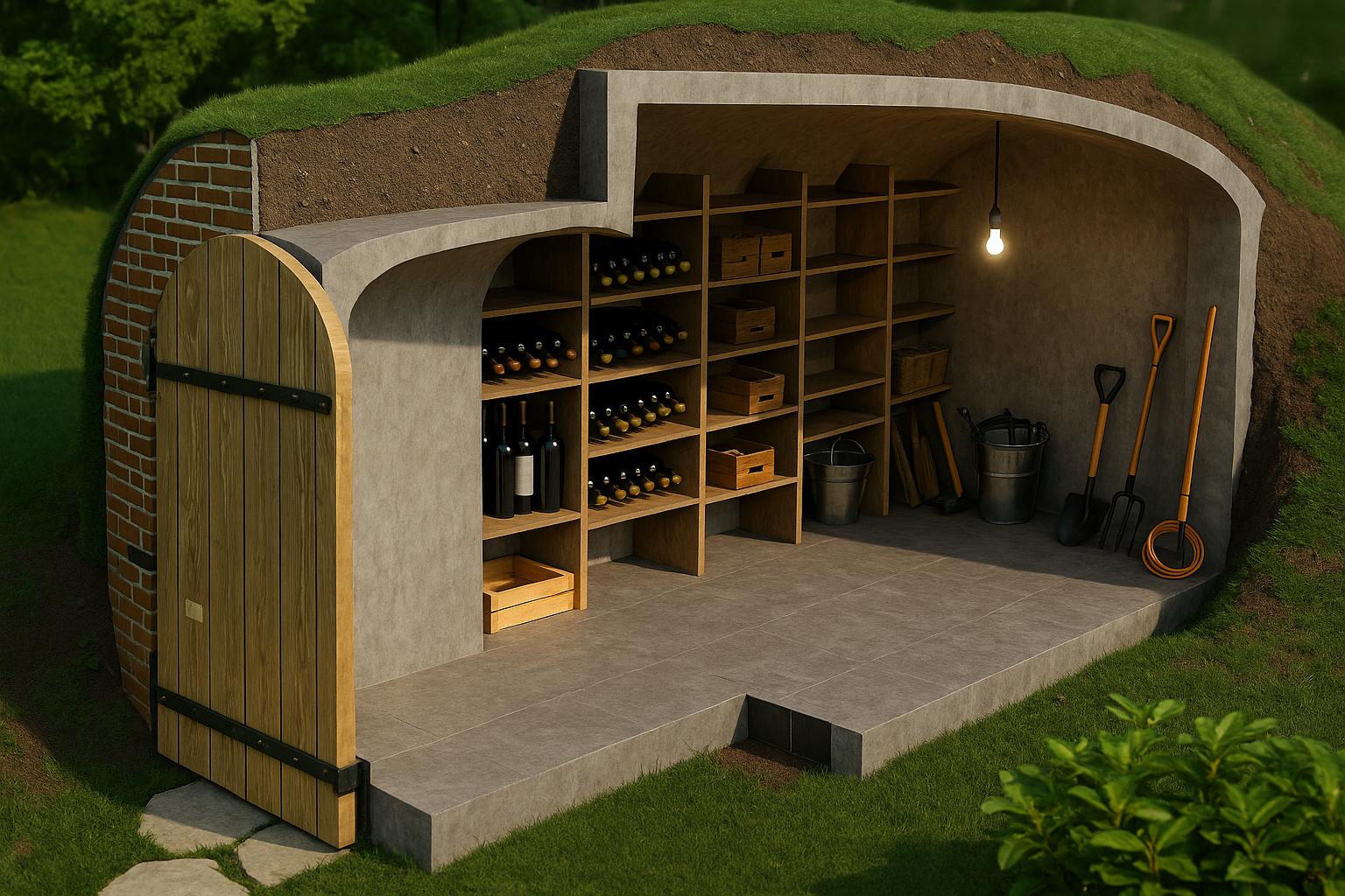 Betónová pivnica osadená v záhrade pripravená na zakrytie a dokončenie terénu.