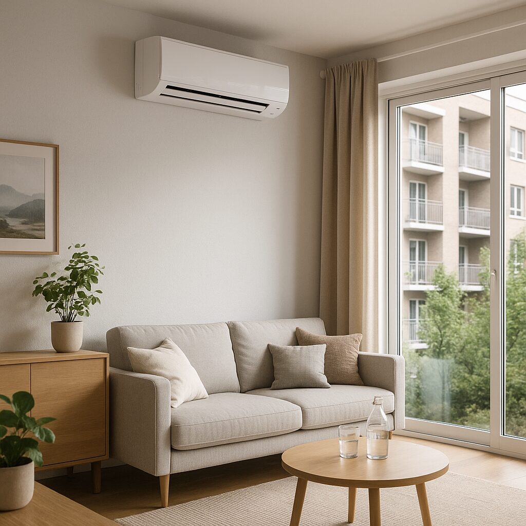 Moderná klimatizácia nainštalovaná v obývačke bytu