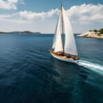 Plachetnica pláva popri jadranskom pobreží obklopenom jesenným slnkom a pokojným morom.