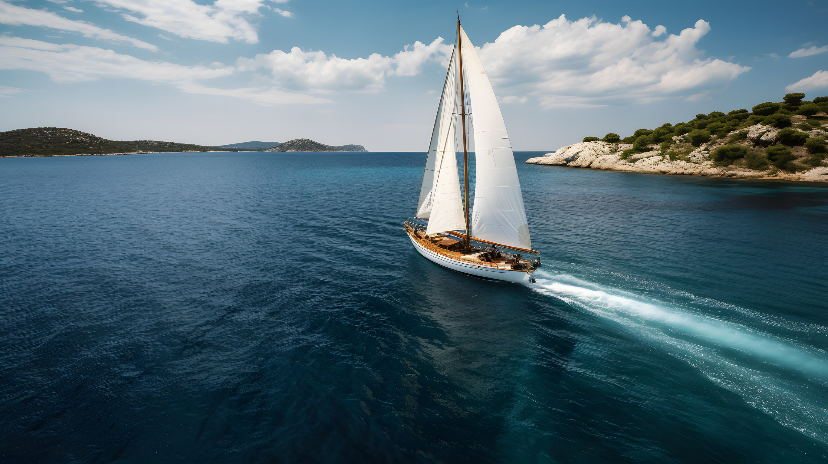 Plachetnica pláva popri jadranskom pobreží obklopenom jesenným slnkom a pokojným morom.