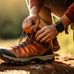 Detailný pohľad na pevné šnúrky a kovové očká na kvalitnej turistickej topánke určenej do náročného terénu.